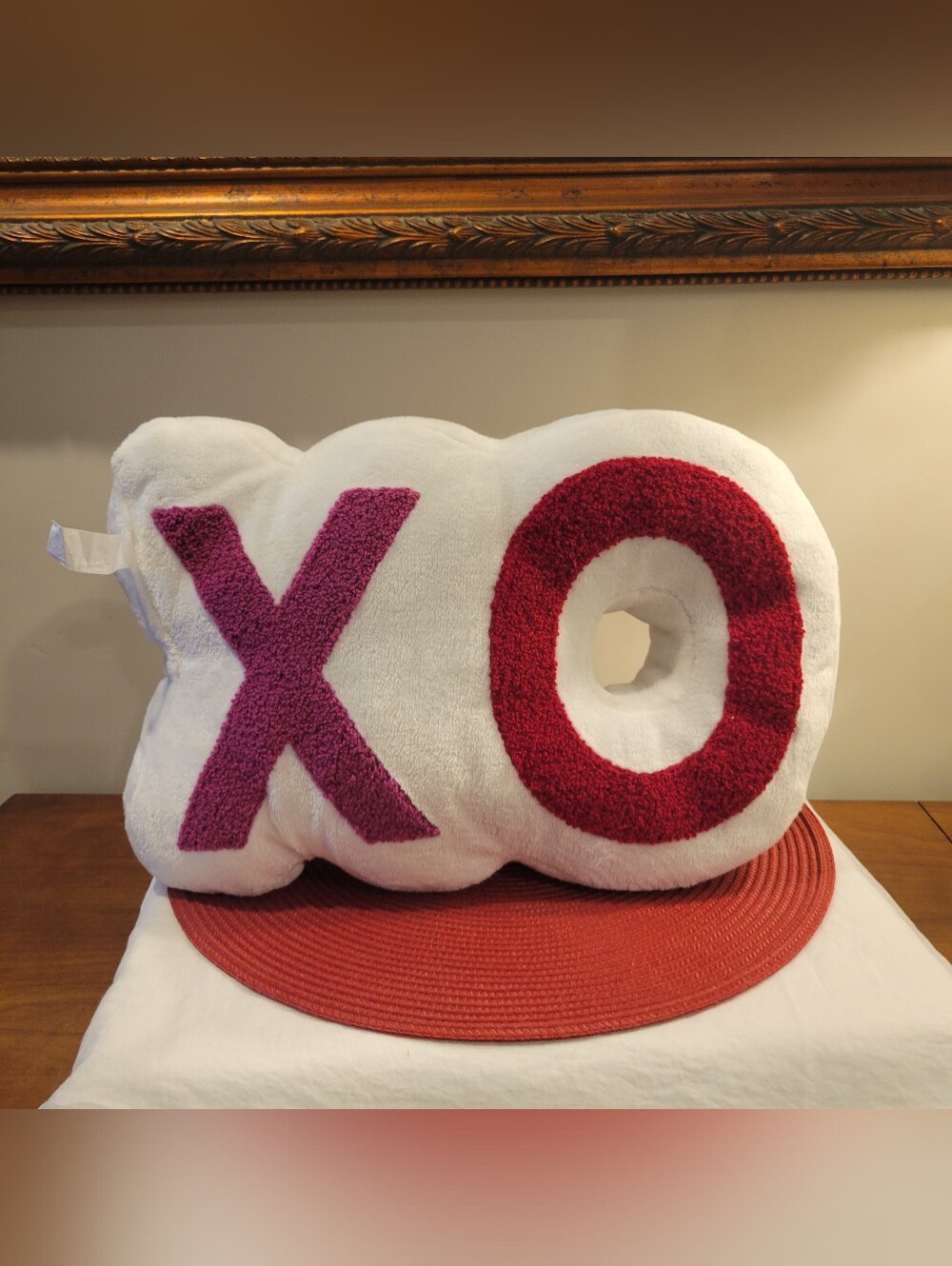 XO Plush Accent Pillow - White with Pink & Red Lettering
